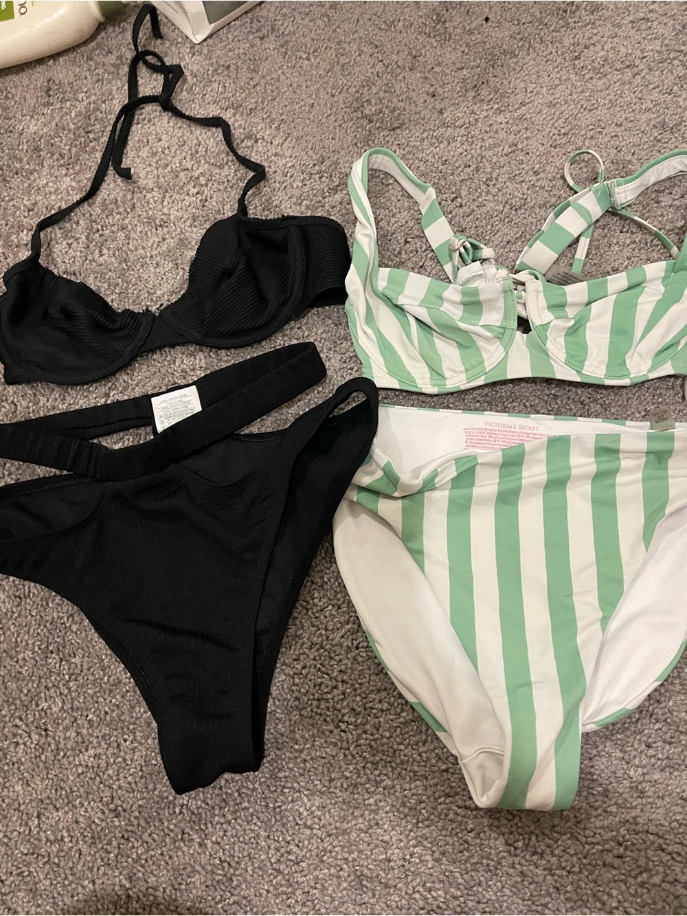 Victoria's Secret Black & Mint Green Striped Bikini Set